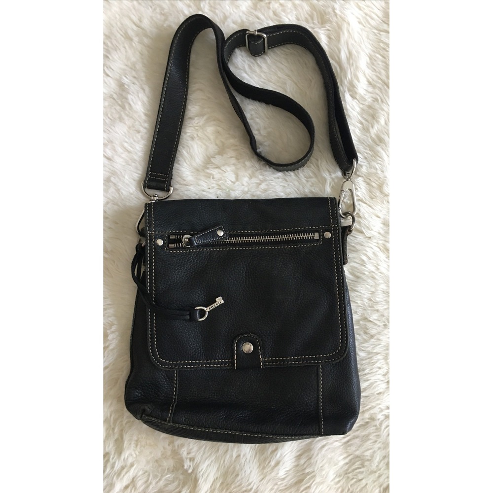 Vintage Fossil Black Pebbled Leather Crossbody Shoulder Bag EUC ##